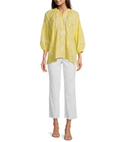 Calessa Textured Embroidered Split V-Neck 3/4 Sleeve Tunic