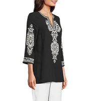 Calessa Embroidered Split V-Neck 3/4 Sleeve Tunic