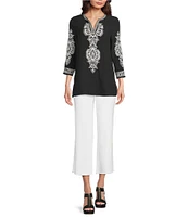 Calessa Embroidered Split V-Neck 3/4 Sleeve Tunic