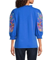 Calessa Embroidered Split V-Neck 3/4 Sleeve Tunic