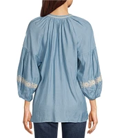Calessa Embroidered Split V-Neck Bubble Sleeve Tunic