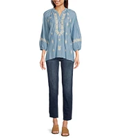Calessa Embroidered Split V-Neck Bubble Sleeve Tunic