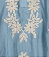 Calessa Embroidered Split V-Neck Bubble Sleeve Tunic