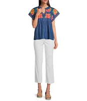 Calessa Embroidered Split V-Neck Cap Sleeve Tunic