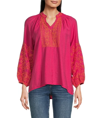 Calessa Embroidered Split V-Neck Long Sleeve Tunic