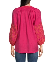 Calessa Embroidered Split V-Neck Long Sleeve Tunic