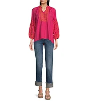 Calessa Embroidered Split V-Neck Long Sleeve Tunic