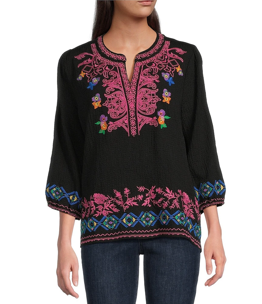 Calessa Embroidered Split V-Neck Long Sleeve Tunic