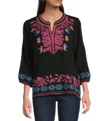 Calessa Embroidered Split V-Neck Long Sleeve Tunic