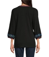 Calessa Embroidered Split V-Neck Long Sleeve Tunic