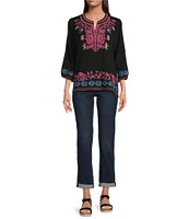 Calessa Embroidered Split V-Neck Long Sleeve Tunic