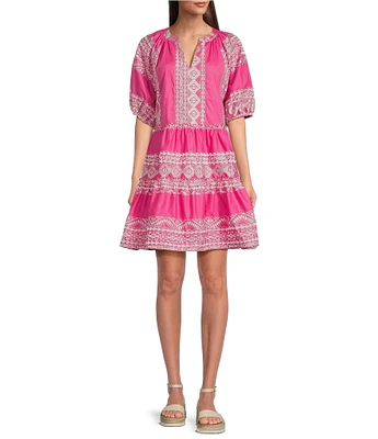 Calessa Embroidered Split V-Neck Short Puff Sleeve Shift Dress