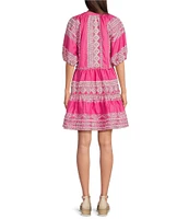 Calessa Embroidered Split V-Neck Short Puff Sleeve Shift Dress