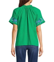 Calessa Embroidered Split V-Neck Short Sleeve Button Front Tunic