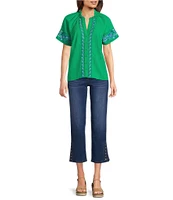 Calessa Embroidered Split V-Neck Short Sleeve Button Front Tunic