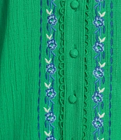 Calessa Embroidered Split V-Neck Short Sleeve Button Front Tunic