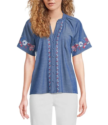 Calessa Embroidered Split V-Neck Short Sleeve Button Front Tunic