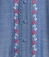 Calessa Embroidered Split V-Neck Short Sleeve Button Front Tunic