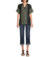 Calessa Embroidered Split V-Neck Short Sleeve Tunic