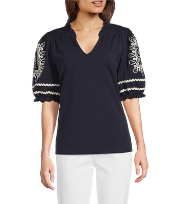 Calessa Embroidered Split V-Neck Short Sleeve Tunic