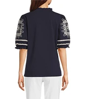 Calessa Embroidered Split V-Neck Short Sleeve Tunic
