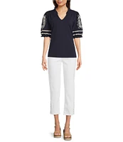 Calessa Embroidered Split V-Neck Short Sleeve Tunic