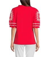 Calessa Embroidered Split V-Neck Short Sleeve Tunic