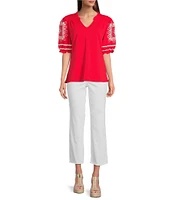 Calessa Embroidered Split V-Neck Short Sleeve Tunic
