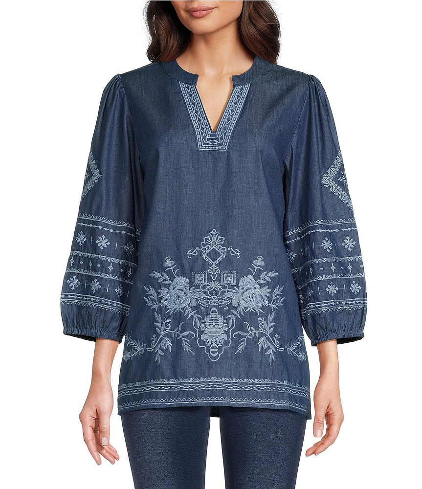 Calessa Embroidered Split V Neckline 3/4 Sleeve Top