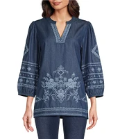 Calessa Embroidered Split V Neckline 3/4 Sleeve Top