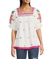 Calessa Embroidered Square Neck Short Puff Sleeve Tassel Hem Detail Tunic