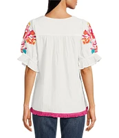 Calessa Embroidered Square Neck Short Puff Sleeve Tassel Hem Detail Tunic