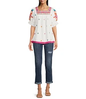 Calessa Embroidered Square Neck Short Puff Sleeve Tassel Hem Detail Tunic