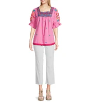 Calessa Embroidered Square Neck Short Sleeve Top