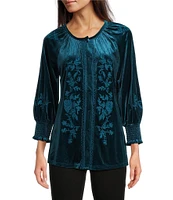 Calessa Embroidered Stretch Velvet Crew Neck 3/4 Sleeve Tunic