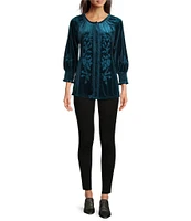 Calessa Embroidered Stretch Velvet Crew Neck 3/4 Sleeve Tunic