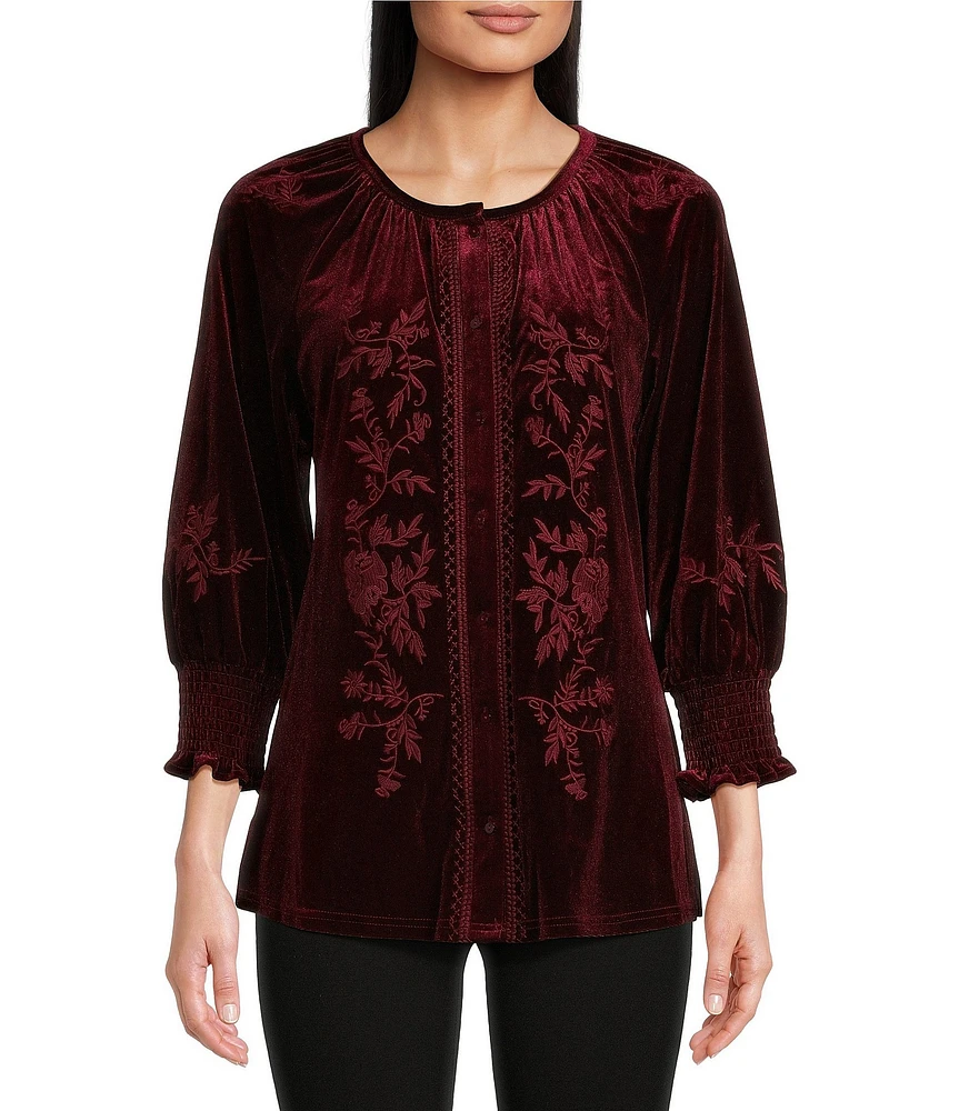 Calessa Embroidered Stretch Velvet Crew Neck 3/4 Sleeve Tunic