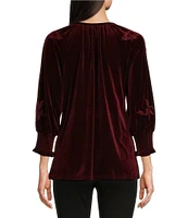 Calessa Embroidered Stretch Velvet Crew Neck 3/4 Sleeve Tunic