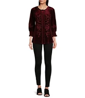 Calessa Embroidered Stretch Velvet Crew Neck 3/4 Sleeve Tunic