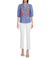 Calessa Embroidered Stripe High Ruffle Split V-Neck Elbow Sleeve Button Front Tunic