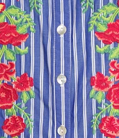 Calessa Embroidered Stripe High Ruffle Split V-Neck Elbow Sleeve Button Front Tunic