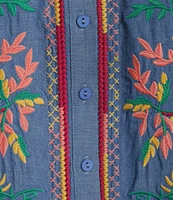 Calessa Embroidered Tencel Split Neck 3/4 Sleeve Button Front Tunic