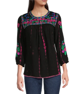 Calessa Embroidered Tie-Dye Patchwork Print Crew Neck 3/4 Sleeve Tunic