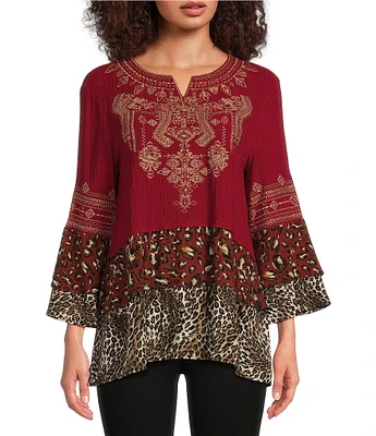 Calessa Embroidered Tiered Patchwork Print Split Round Neck 3/4 Sleeve Tunic