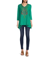 Calessa Embroidered V Neckline 3/4 Sleeve Tunic