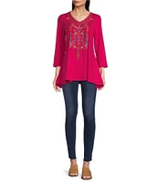 Calessa Embroidered V Neckline 3/4 Sleeve Tunic