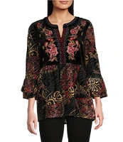 Calessa Embroidered Velvet Floral Split Neck 3/4 Sleeve Tunic