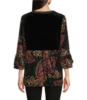 Calessa Embroidered Velvet Floral Split Neck 3/4 Sleeve Tunic