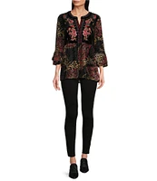 Calessa Embroidered Velvet Floral Split Neck 3/4 Sleeve Tunic