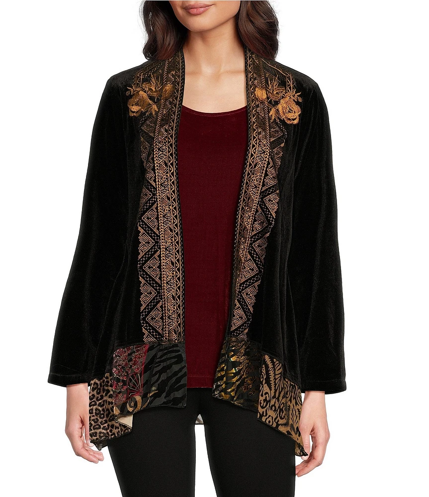 Calessa Embroidered Velvet Open Front Cardigan